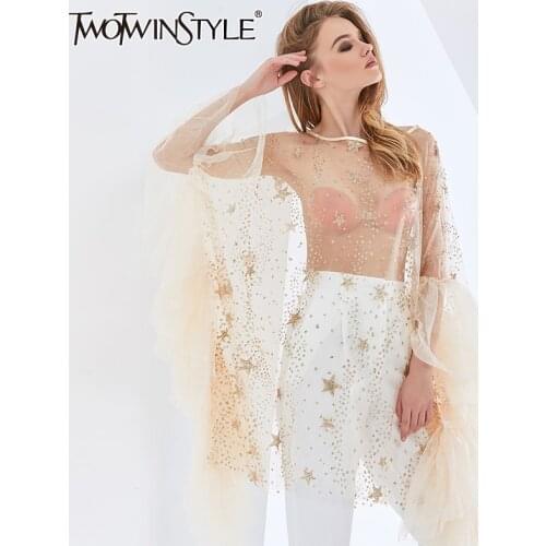 TWOTWINSTYLE Sexy Dress For Women O Neck Long Sleeve Perspective Patchwork Sequined Appliques Asymmetrical Dresses Female 2020