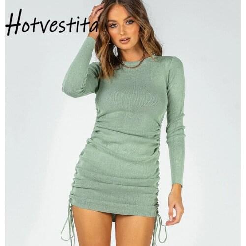 Hotvestita Drawstring Knitted Long Sleeve Casual Mini Dress 10 Colors Ruched Bodycon 2021 Spring Autumn Women Office Basic Dress