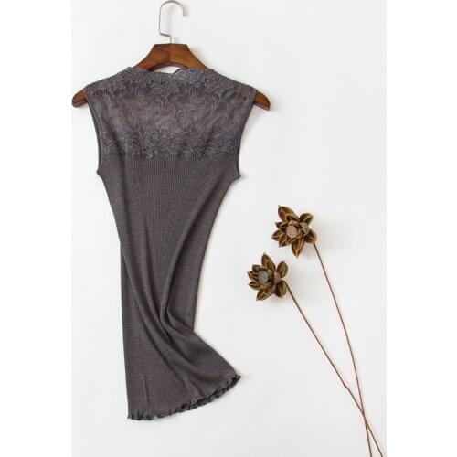 100% Silk Knitted Women Lace Tank Tops Slash-neck Sleeveless Vest Slim Stretchy Camisole