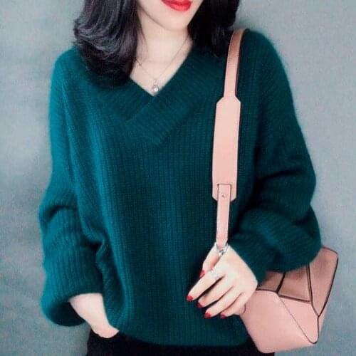 2019 loose thick V-neck imitation alpaca velvet sleeves solid color knit bottoming shirt pullover sweater womens clothing