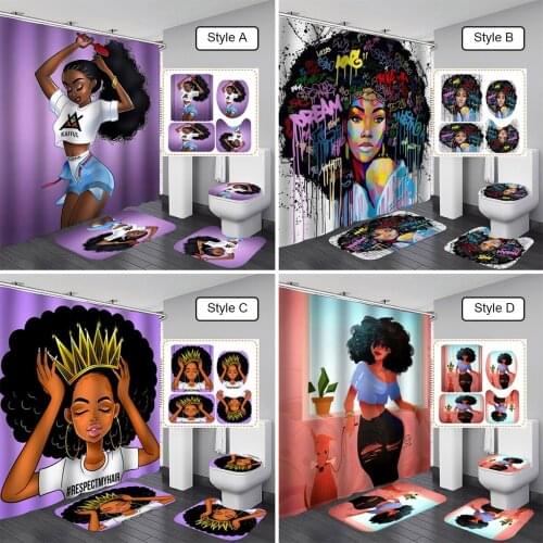 African Comb Hair Girl Art Bathroom Shower Curtain and Rug Sets Graffiti Women Afro Lady Toilet Lid Cover Mat Bath Curtains