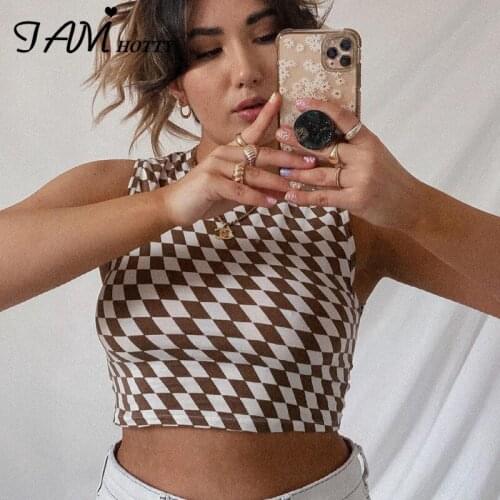 Y2k Argyle Plaid Brown Tank Top Women Casual Aesthetic Sleeveless Cute Camis Summer Beach Fitness Outfit Korean Fashion Iamhotty