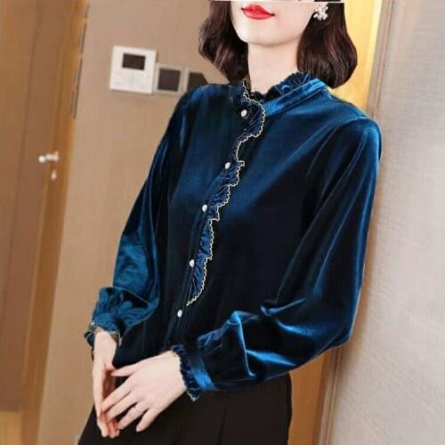 Spring Fall Fashion Casual Womens Clothing , Korean Female Woman Ruffled Blue Velvet Top Blouse, 3xl Velour Blouses for Women