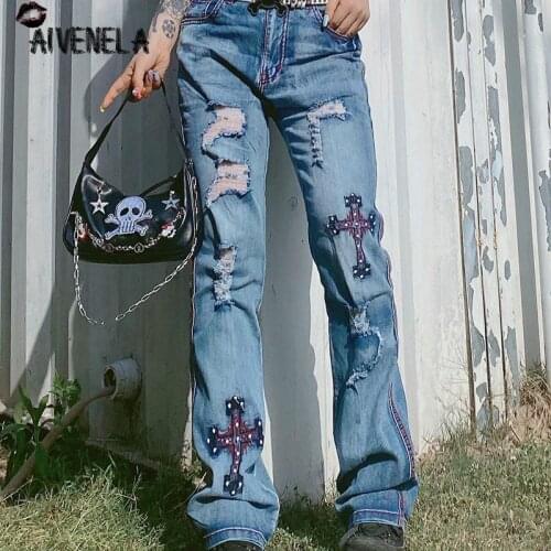 Fashion Women Gilrs Jeans Pants Hot Girl Streetwear Chic Hole Crosee Punk Girls Denim Pant Floor Length Trousers AFC1215