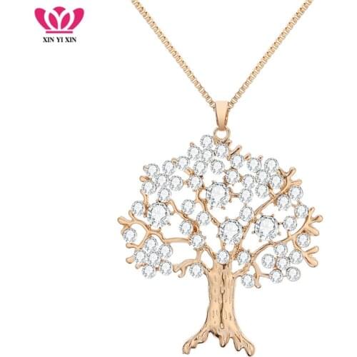 Fashion Gold Crystal Tree of Life Pendant Necklace Women Statement Big Clear Rhinestone Luxurious Necklace bisuteria mujer Gift
