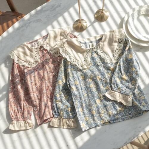 2020 Autumn New Arrival Korean style cotton flowers printed long sleeve princess shirt with lace collar for cute sweet baby girl