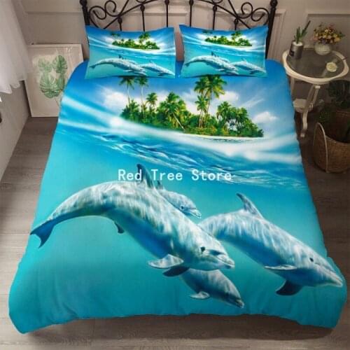 3D Printed Tropical Beach Island Duvet Cover Blue Sea Dolphin Bedding Set Luxury Polyester Comforter Bedclothes Queen King Size