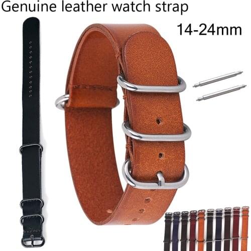 Genuine Leather Nato ZULU Watch Band Replacement Cowhide Retro Smart Watch Strap Wrist Bracelet with Pin 14mm 16 18 20mm 22 24mm