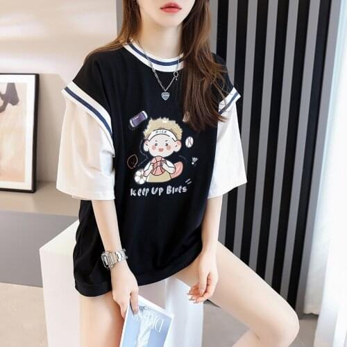 Street Wear Short-Sleeved T-shirt Summer 2021 Sports Boy Printed Short Sleeved Tshirt Tee Fake Two-Piece Loose Top