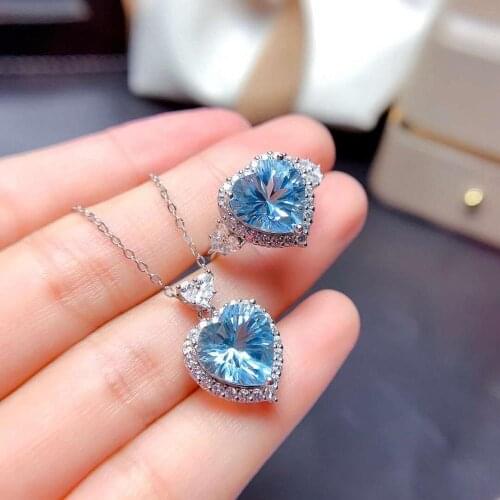 High-quality Sky Blue Heart-shaped Topaz S925 Ring Pendant Necklace Set Fine Fashion Jewelry for Women Free Shipping MeibaPJFS