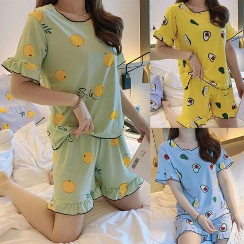 Women Ruffles Short Sleeve 2Pcs Pajamas Set Cartoon Orange Avocado Sleepwear