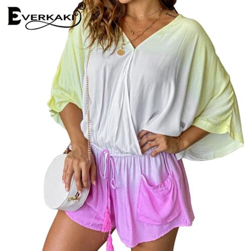 Everkaki Tie-dyed Rompers Playsuits Women with Pockets Sashes Retro Summer Beach Plus Size Boho Playsuits Rompers Female 2021