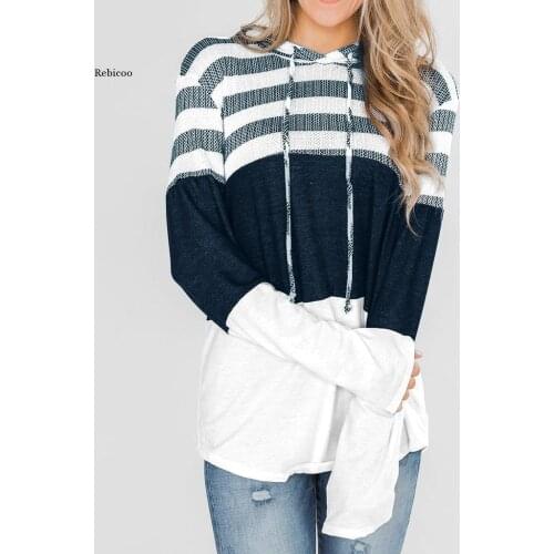 Ladies Autumn Thin Striped Pullover Fashion Sweatshirt Casual Loose Hoodie Blouse Tops Female Womens Long Sleeve Pullover