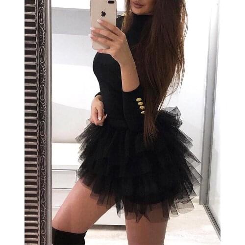 Women Buttoned Long Sleeve Solid Spliced Mini Dress Sexy Party Dress