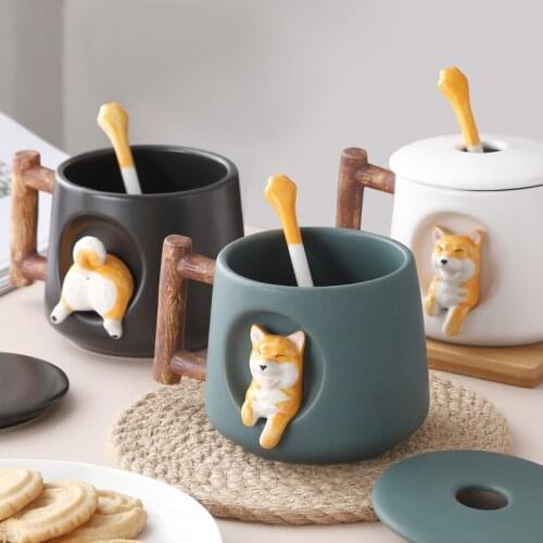 420ML Shiba Inu Coffee Tea Cup Ceramics Cartoon Cute Akita Dog Mug With Lid Spoon Brew Milk Tea Creative Cup Girls Favorite Gift