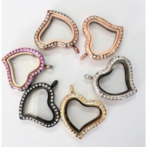 5pcs Askew Heart Stainless Steel Floating Locket Pendant With Rhinestone Living Memory Locket Pendant For Girl Gift