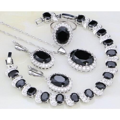 925 Silver Jewelry Black Cubic Zirconia White CZ Bridal Jewelry Sets For Women Wedding Earring/Pendant/Necklace/Bracelet/Ring