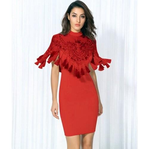 Top Quality Red Black Tassel Sleeveless Rayon Bandage Dress Evening Party Pencil Dress