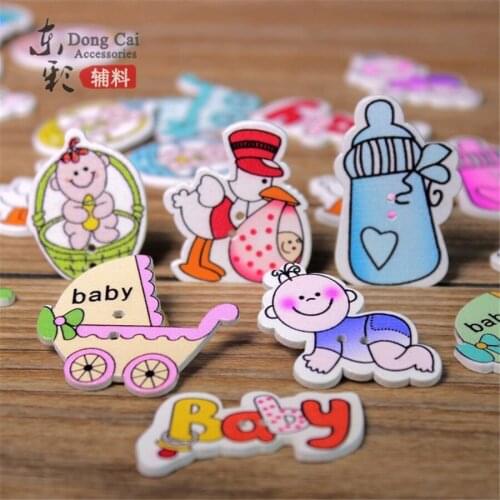 Free Shipping 100pcs 2-holes Cartoon Baby Wooden Painting Buttons Handmade DIY Sewing Button Kids' Clothes Accessories Mix Order