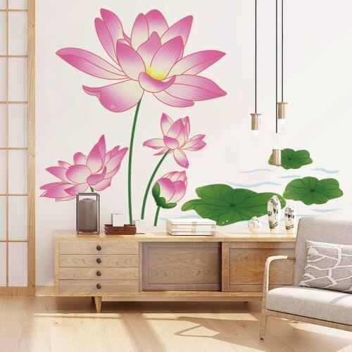Large Lotus Wall Stickers Chinese Style Living Room Backdrop Wall Decals Retro Bedroom Decor Self-adhesive Wallpaper Art Mural