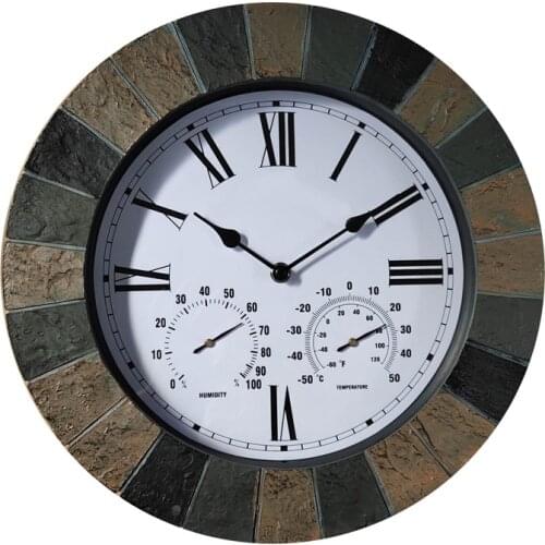 Large Modern Slate Effect Rustic Indoor/Outdoor Wall Clock Decorative Fence Ornament Thermometer Hygrometer Weatherproof
