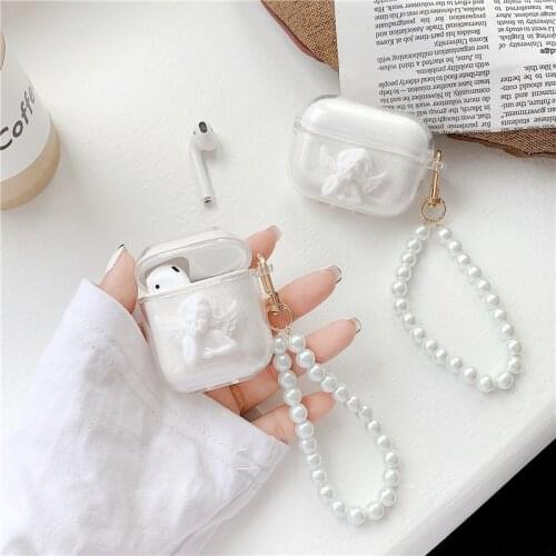 Cute Korean Angel Pearl Beading Chain TPU Headphone Earphone Case for Apple Airpods 1 2 Pro 3 Wireless Bluetooth Earphone Cover