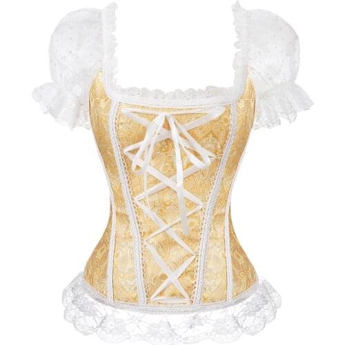 Floral overbust corset vest bustier corset tops for women with sleeves lace up brocade shoulder strap corselet plus size sexy