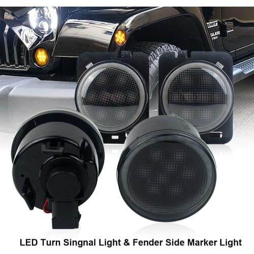 For Jeep Wrangler JK JKU 2007-2017 Smoke Lens Amber LED Front Turn Signal Light + Fender Side Marker Parking Lamp