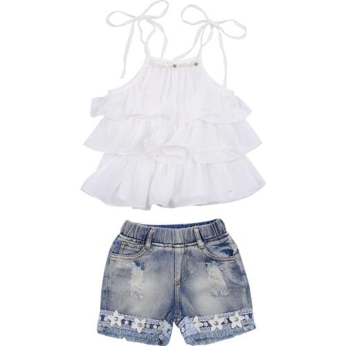 Little Girls Fashion Outfits Sets Lace-up Sling Solid Color Mesh Pearl Camisole Vest and Denim Short Summer Casual Suit