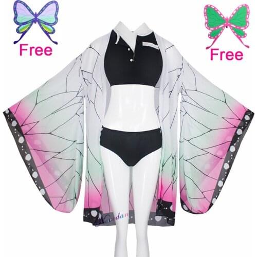 Demon Slayer Kimetsu No Yaiba Kochou Shinobu Bikini Swimsuit Kimono Cardigan Cover Up Anime Cosplay Swimwear Bathing Suit