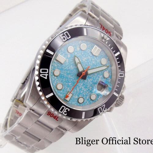 SUB BLIGER Nologo NH35A Sky Blue Selfwinding Men Watch Luminous Hand Date Magnifier Glide Lock Oyster Strap Black Insert
