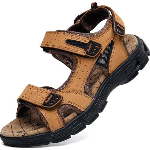 Mens Leather Beach Sandals Casual Men shoes Summer Outdoor Breathable Comfort Slip on Open toed Shoes Sandalias Plus Size 38-46