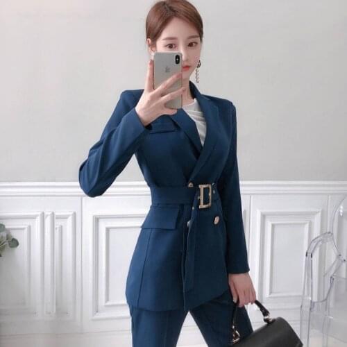 New arrival comfortable high quality solid pant suits Double breasted slim blazer and long pants elegant work style pant suits
