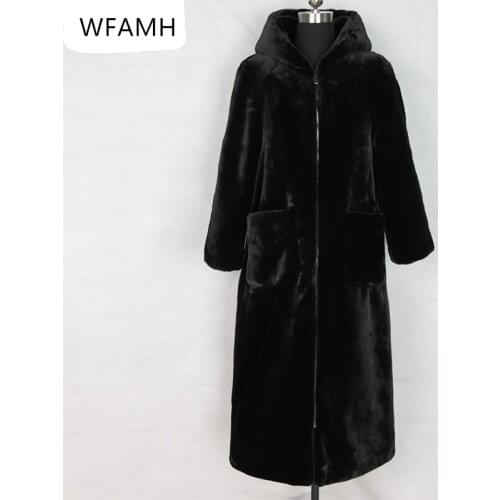 New winter warm long faux fur coat with hood long sleeve fashion zipper black furry fake rabbit fur coat and plus size fur coat