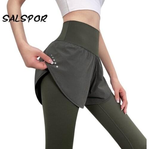 SALSPOR Sport Leggings Women Fitness Sexy Two-Fake Gym Legging High Waist Black Work Out Leggins Mujer Slim Pants Running