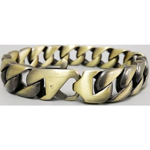 Vintage Bronze Matte Polished Mens Bracelet Curb Cuban Link Chain 316L Stainless Steel Bracelet 15mm Hip Hop Jewelry Gift