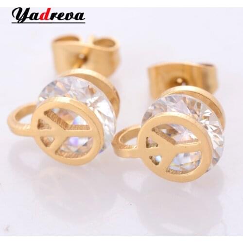 High Quality Zircon Stone Stainless Steel Peace Sign Stud Earring Gold Color Vintage Women fashion Jewelry WaterProof St005