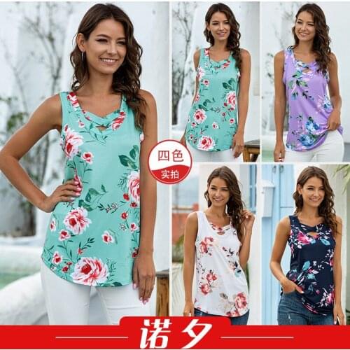 T Shirts Women 2021 Hot Selling Summer V-neck Cross Floral Printed T-shirt Vest AliExpress Tshirt Tops Women LX1571