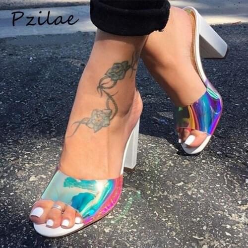 Pzilae Candy colors slippers women summer new arrival style sandals fashion transparent chunky high heels womens shoes size 42
