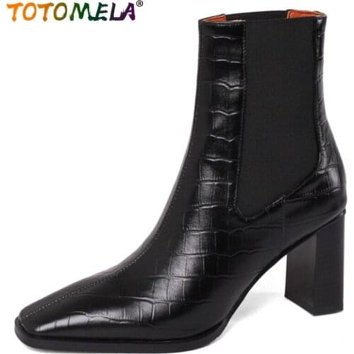 TOTOMELA 2021 top quality genuine leather high heels women chelsea boots square toe stretch autumn winter ankle boots women
