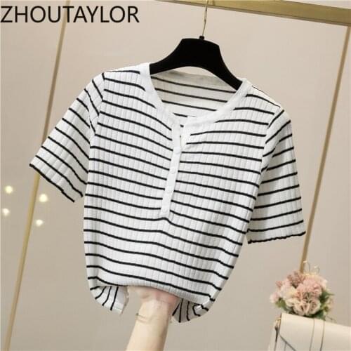 ZHOUTAYLOR Woman Tshirts Short Fashion Sweet Summer New Button Tops Female Casual Short Sleeve Striped O-Neck Femme Tees S0406