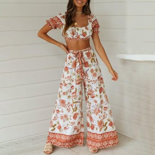 Summer Flower Print Women Two Pieces Sets Square Collar Folds Short Top And High Waist Wide Leg Pants Streetwear Casual Lady Set