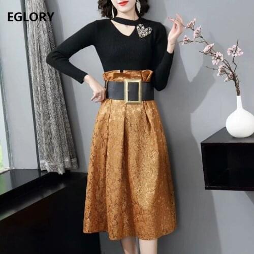 High Quality Skirt Suit 2021 Early Spring Runway Women Sweetheart Beading Knitted Black Sweater+High Waist Lace Skirt Sets 2pc