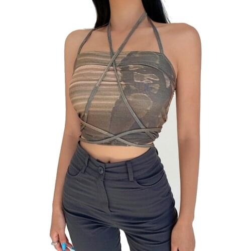 JESSILVIA Punk Gothic Camis Grunge Lace Up Off Shoulder Women Crop Tops Hip Hop Bodycon Sleeveless Vintgae Print 90s Streetwear
