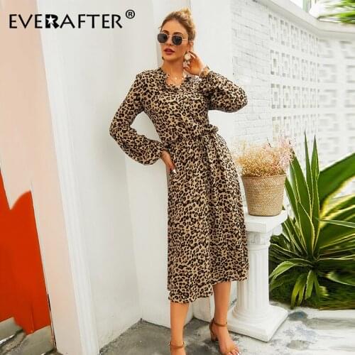EVERAFTER Vintage leopard print women long dress lantern sleeve high waist buttons dresses Casual club female autumn vestidos