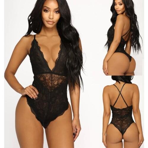Hirigin Womens Lace Leotard Tops Jumpsuit Sexy Lingerie V-neck Sleeveless Backless Bandage Stretch Bodysuit