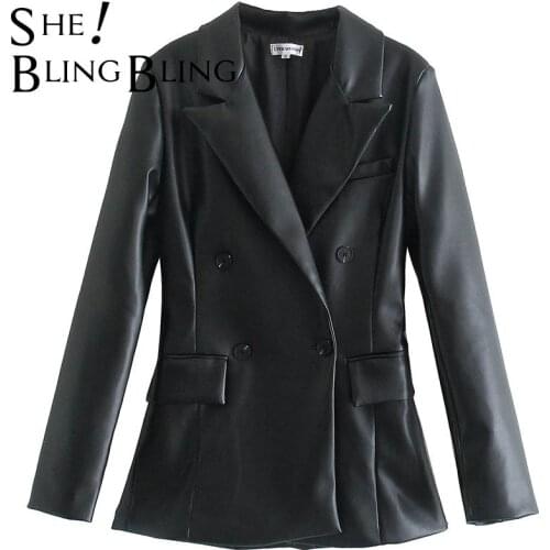 SheBlingBling Za Woman 2021 Casual Traf Coat Autumn Winter Black Faux PU Leather Slim Long Jacket Double Breasted Office Blazers