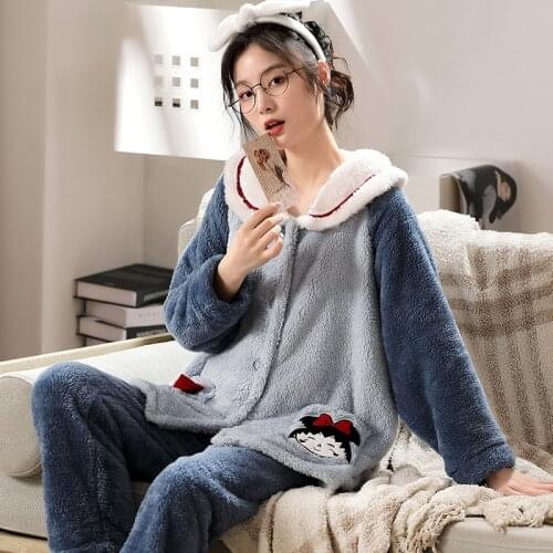 Winter Womens Suit Thicker Patchwork Flannel Cute Cartoon Sleepwear Loose Warm Comfortable Lovely Sweet Girls Homewear Korean