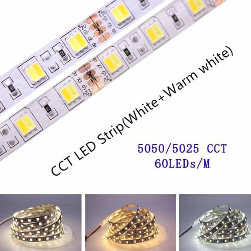 5mX Promotion high quality 5050SMD LED strip color temperature adjustable double color CW + WW 60LED/m led strip free shipping