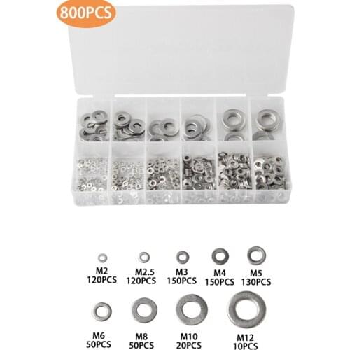 800Pcs 304 Stainless Steel M2- M12 Flat Machine Washer Plain Washer Gaskets Assortment Set